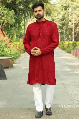 Men   s heavy rayon chikan work kurta set     red | festive wedding ethnic wear