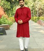 Men   s heavy rayon chikan work kurta set     red | festive wedding ethnic wear