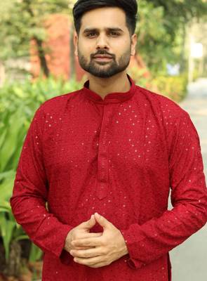 Men's  heavy rayon chikan work kurta set     red | festive wedding ethnic wear 2