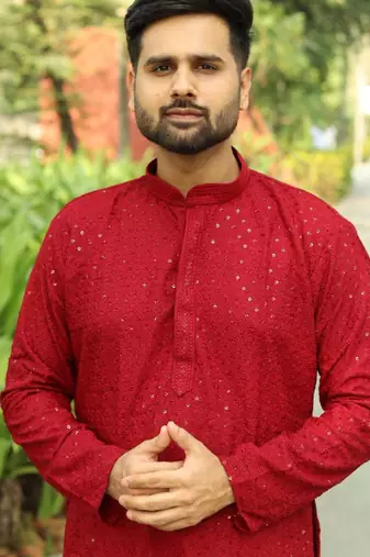Men's  heavy rayon chikan work kurta set     red | festive wedding ethnic wear
