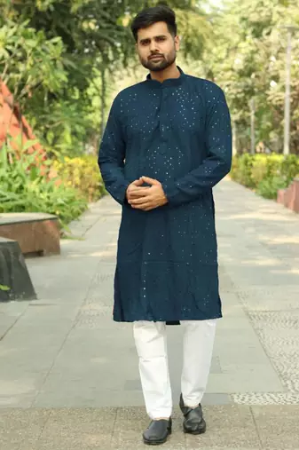 Men   s heavy rayon teal chikan work kurta with cotton pyjama