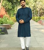Men   s heavy rayon teal chikan work kurta with cotton pyjama