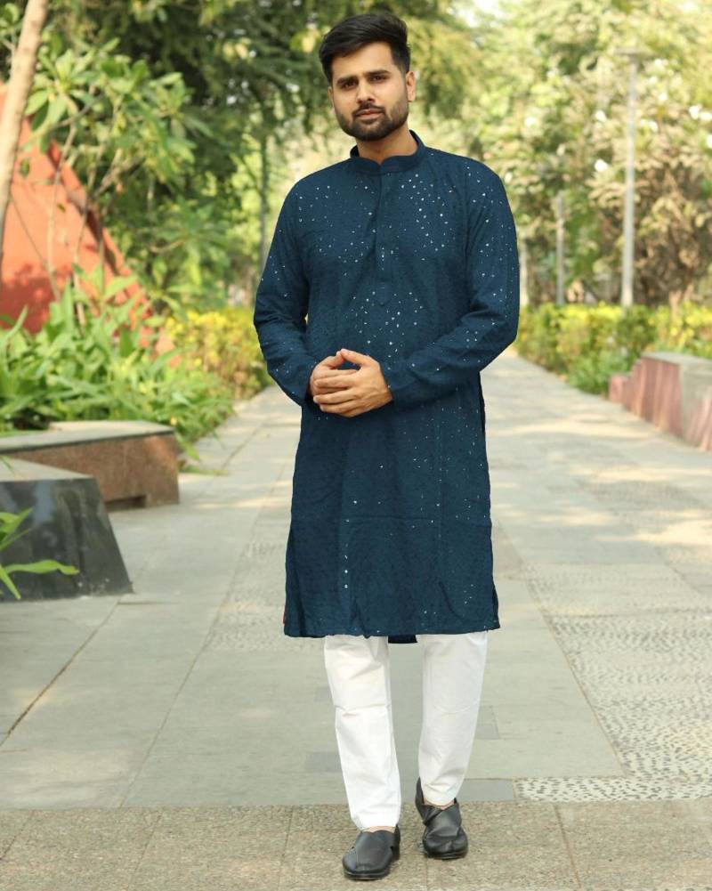 Men   s heavy rayon teal chikan work kurta with cotton pyjama