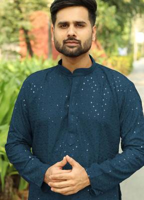 Men's  heavy rayon teal chikan work kurta with cotton pyjama 2