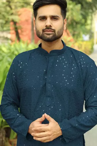 Men's  heavy rayon teal chikan work kurta with cotton pyjama