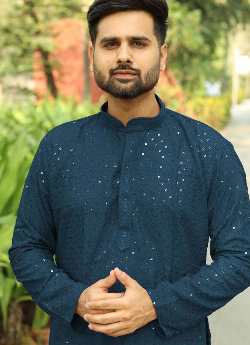 Men   s heavy rayon teal chikan work kurta with cotton pyjama