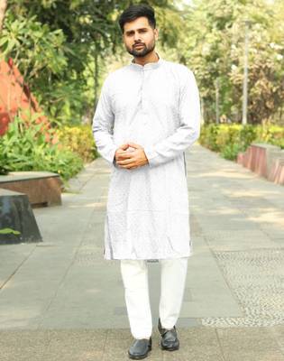 Men's  heavy rayon chikan work kurta set     white | elegant traditional Men's  wear 1