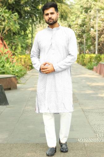 Men   s heavy rayon chikan work kurta set     white | elegant traditional men   s wear