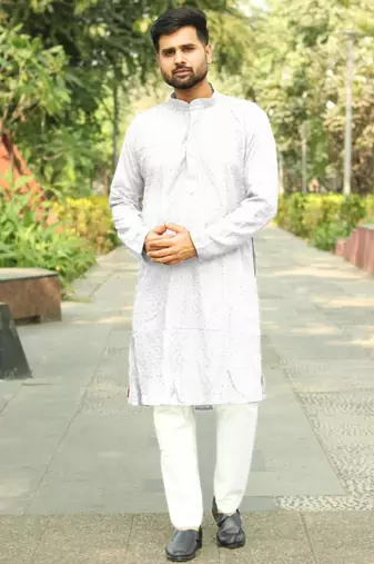 Men   s heavy rayon chikan work kurta set     white | elegant traditional men   s wear