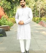 Men   s heavy rayon chikan work kurta set     white | elegant traditional men   s wear
