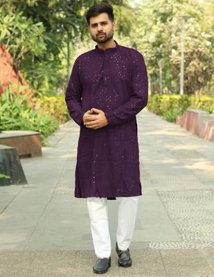 Men's  heavy rayon wine chikan work kurta with cotton pyjama 1