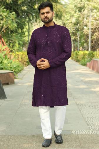 Men   s heavy rayon wine chikan work kurta with cotton pyjama