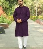 Men   s heavy rayon wine chikan work kurta with cotton pyjama