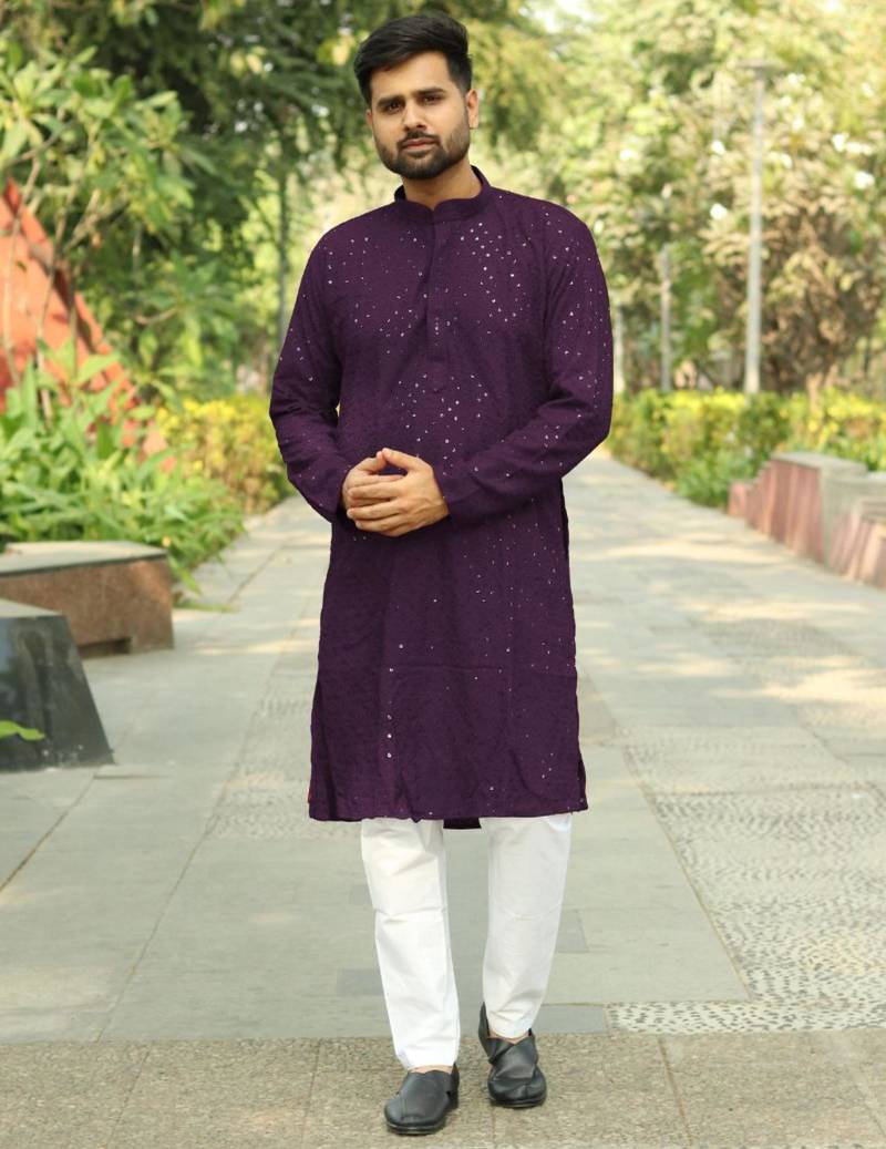 Men   s heavy rayon wine chikan work kurta with cotton pyjama