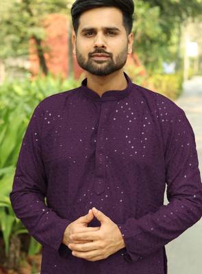 Men's  heavy rayon wine chikan work kurta with cotton pyjama 2