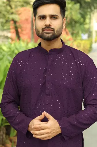 Men's  heavy rayon wine chikan work kurta with cotton pyjama