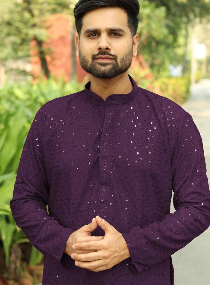 Men   s heavy rayon wine chikan work kurta with cotton pyjama