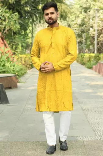 Men   s heavy rayon yellow chikan work kurta with cotton pyjama