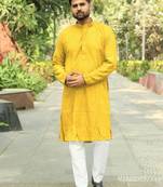 Men   s heavy rayon yellow chikan work kurta with cotton pyjama