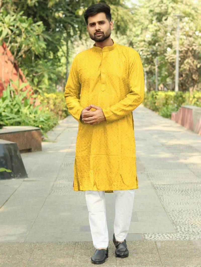 Men   s heavy rayon yellow chikan work kurta with cotton pyjama