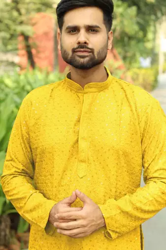 Men's  heavy rayon yellow chikan work kurta with cotton pyjama