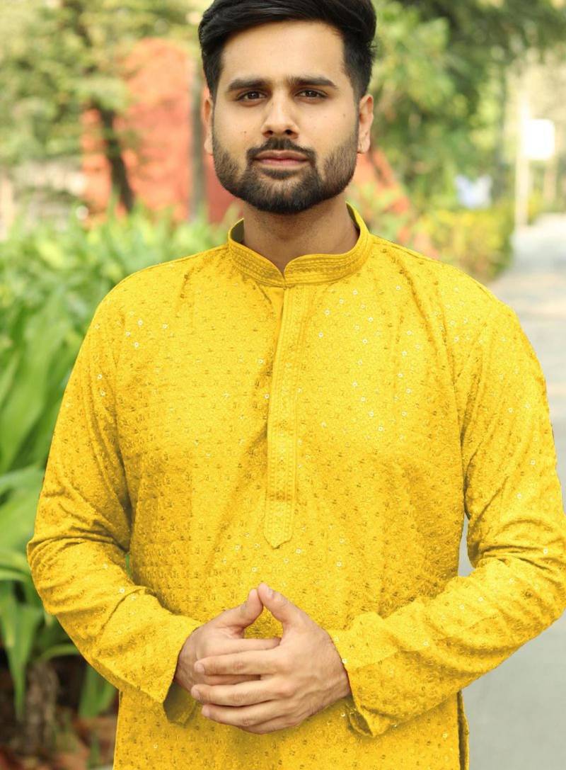 Men   s heavy rayon yellow chikan work kurta with cotton pyjama