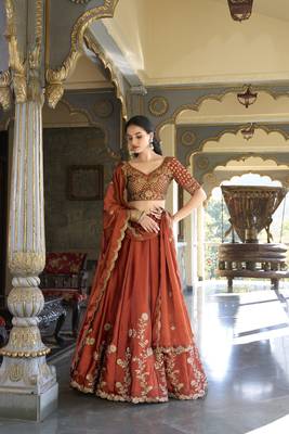 Rust Rangoli Silk Chaniya Choli with Sequins & Thread Embroidery 1