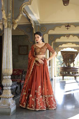 Rust Rangoli Silk Chaniya Choli with Sequins & Thread Embroidery