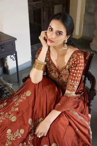 Rust Rangoli Silk Chaniya Choli with Sequins & Thread Embroidery