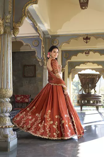 Rust Rangoli Silk Chaniya Choli with Sequins & Thread Embroidery