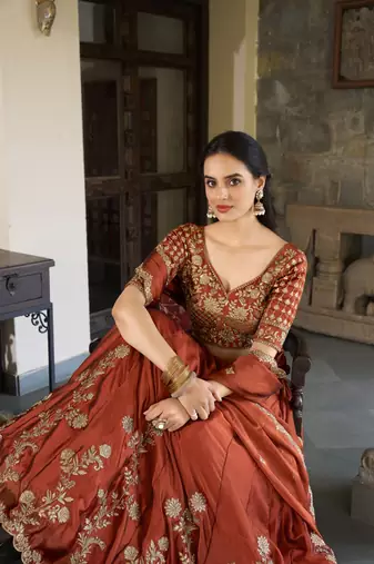 Rust Rangoli Silk Chaniya Choli with Sequins & Thread Embroidery
