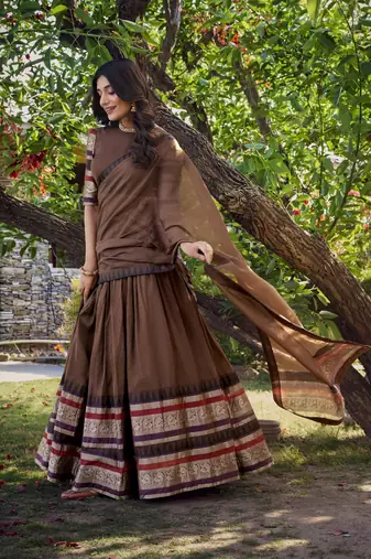 Brown Chanderi Plain Chaniya Choli with Rich Zari Weaving - Full Stitched Free Size