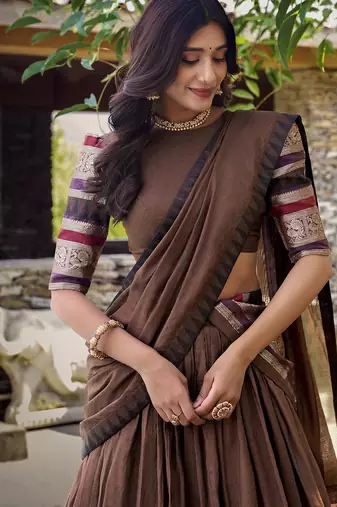 Brown Chanderi Plain Chaniya Choli with Rich Zari Weaving - Full Stitched Free Size