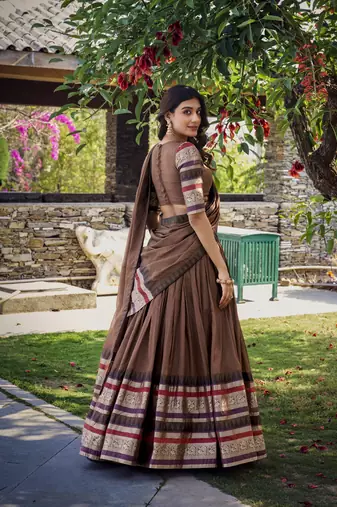 Brown Chanderi Plain Chaniya Choli with Rich Zari Weaving - Full Stitched Free Size