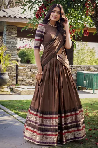 Brown Chanderi Plain Chaniya Choli with Rich Zari Weaving - Full Stitched Free Size
