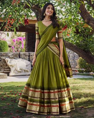 Green Chanderi Plain Chaniya Choli with Rich Zari Weaving - Full Stitched Free Size 1