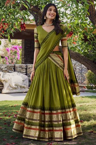 Green Chanderi Plain Chaniya Choli with Rich Zari Weaving