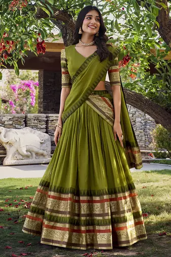 Green Chanderi Plain Chaniya Choli with Rich Zari Weaving - Full Stitched Free Size