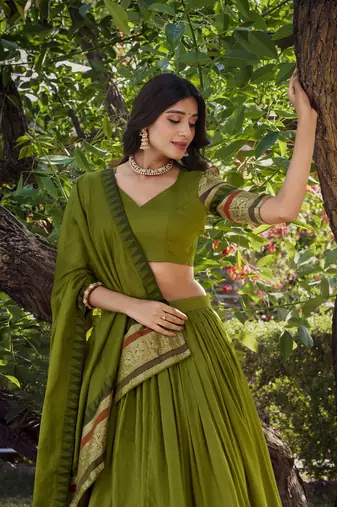 Green Chanderi Plain Chaniya Choli with Rich Zari Weaving - Full Stitched Free Size