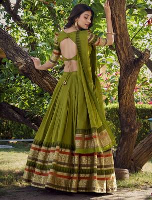Green Chanderi Plain Chaniya Choli with Rich Zari Weaving - Full Stitched Free Size 4