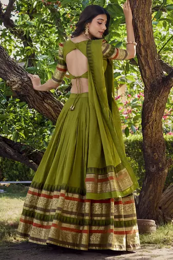 Green Chanderi Plain Chaniya Choli with Rich Zari Weaving - Full Stitched Free Size