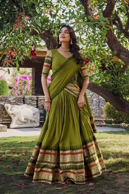Green Chanderi Plain Chaniya Choli with Rich Zari Weaving - Full Stitched Free Size 5