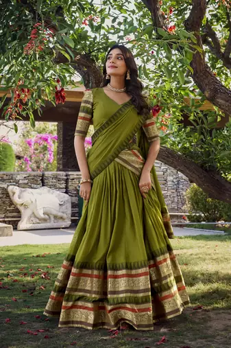 Green Chanderi Plain Chaniya Choli with Rich Zari Weaving - Full Stitched Free Size