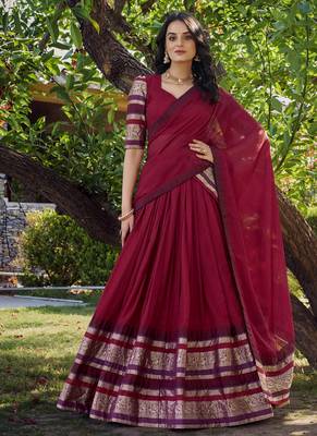 Red Chanderi Plain Chaniya Choli with Rich Zari Weaving - Full Stitched Free Size 1