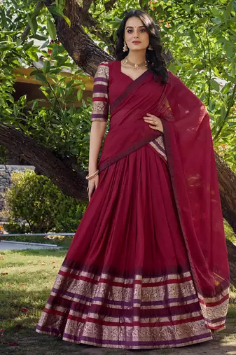 Red Chanderi Plain Chaniya Choli with Rich Zari Weaving - Full Stitched Free Size