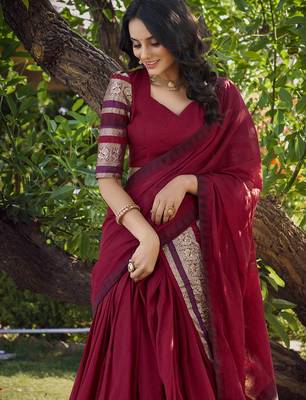 Red Chanderi Plain Chaniya Choli with Rich Zari Weaving - Full Stitched Free Size 3