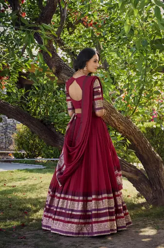 Red Chanderi Plain Chaniya Choli with Rich Zari Weaving - Full Stitched Free Size