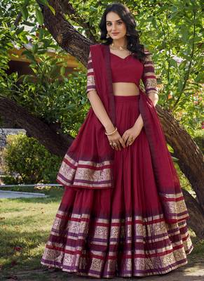 Red Chanderi Plain Chaniya Choli with Rich Zari Weaving - Full Stitched Free Size 5