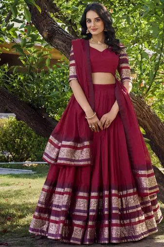 Red Chanderi Plain Chaniya Choli with Rich Zari Weaving - Full Stitched Free Size