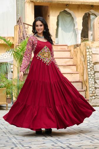 Reyon Embroidered & Printed Semi-Stitched Gown with Dupatta     Maroon | Up to 42 Size | 56" Length